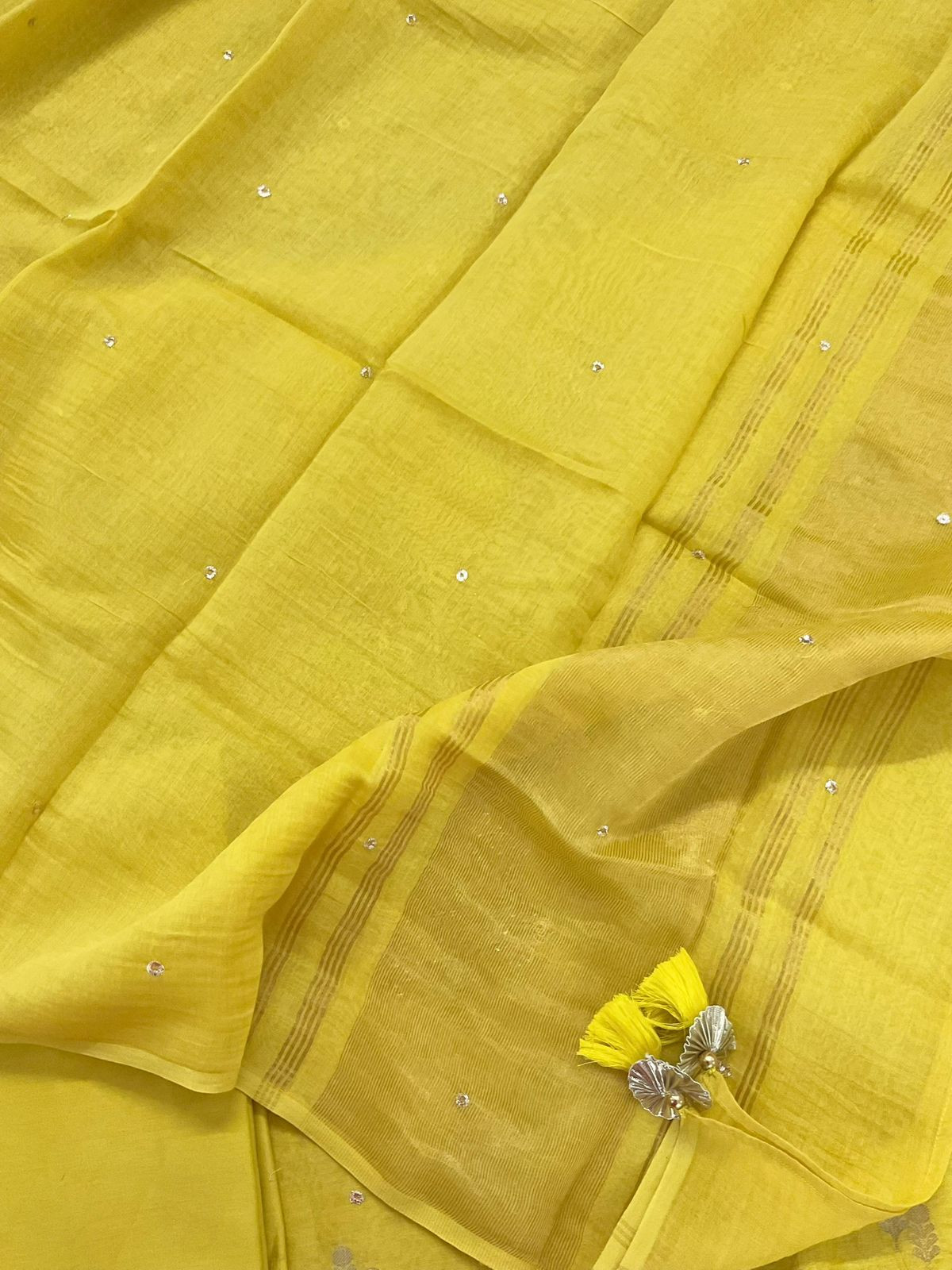 Pure Mul Chanderi Banarasi Weaved Embroidered Suit - Yellow