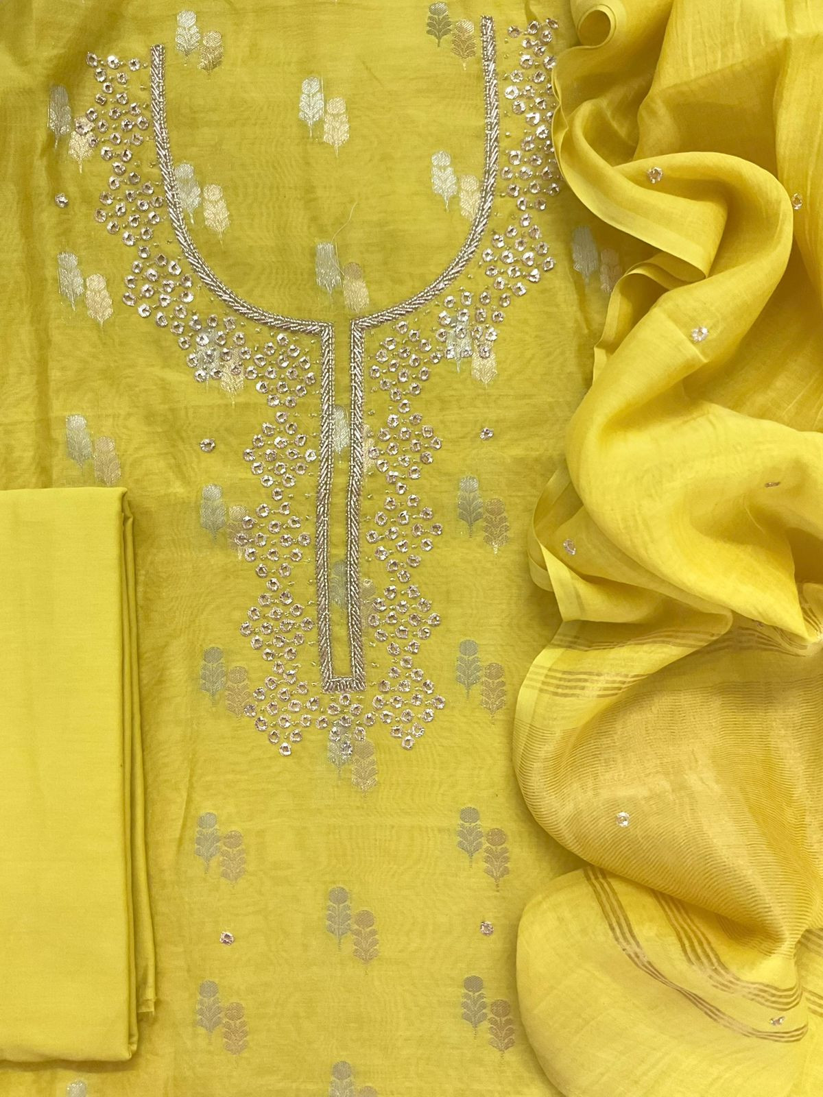 Pure Mul Chanderi Banarasi Weaved Embroidered Suit - Yellow