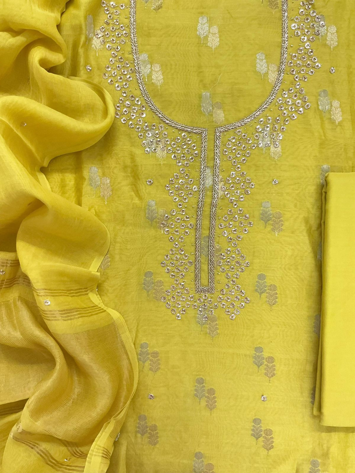 Pure Mul Chanderi Banarasi Weaved Embroidered Suit - Yellow
