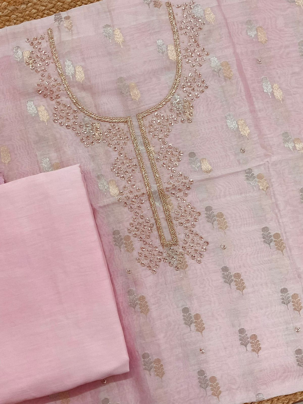 Pure Mul Chanderi Banarasi Weaved Embroidered Suit - Pink