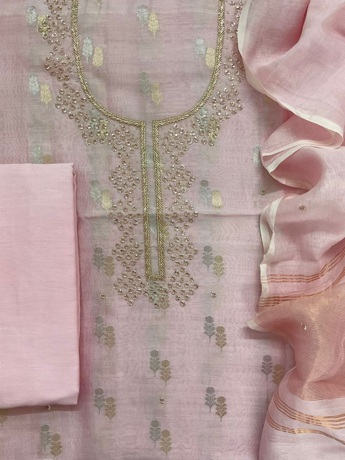 Pure Mul Chanderi Banarasi Weaved Embroidered Suit - Pink