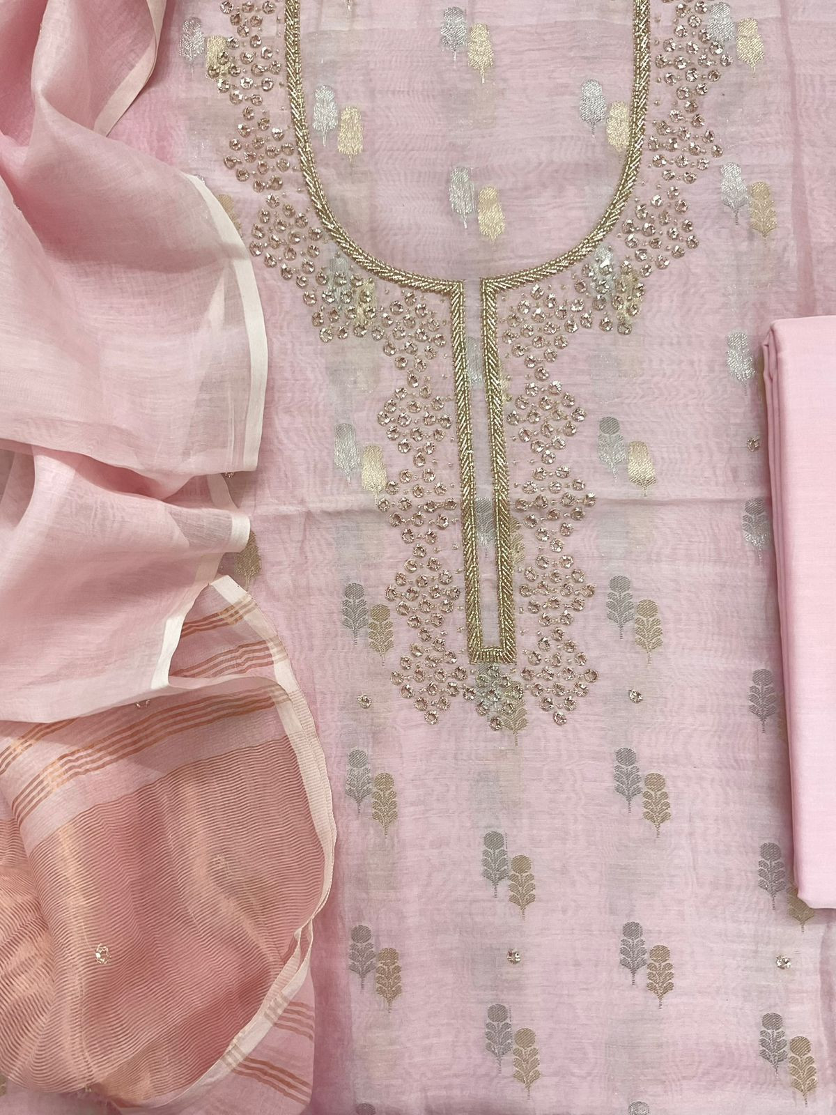 Pure Mul Chanderi Banarasi Weaved Embroidered Suit - Pink