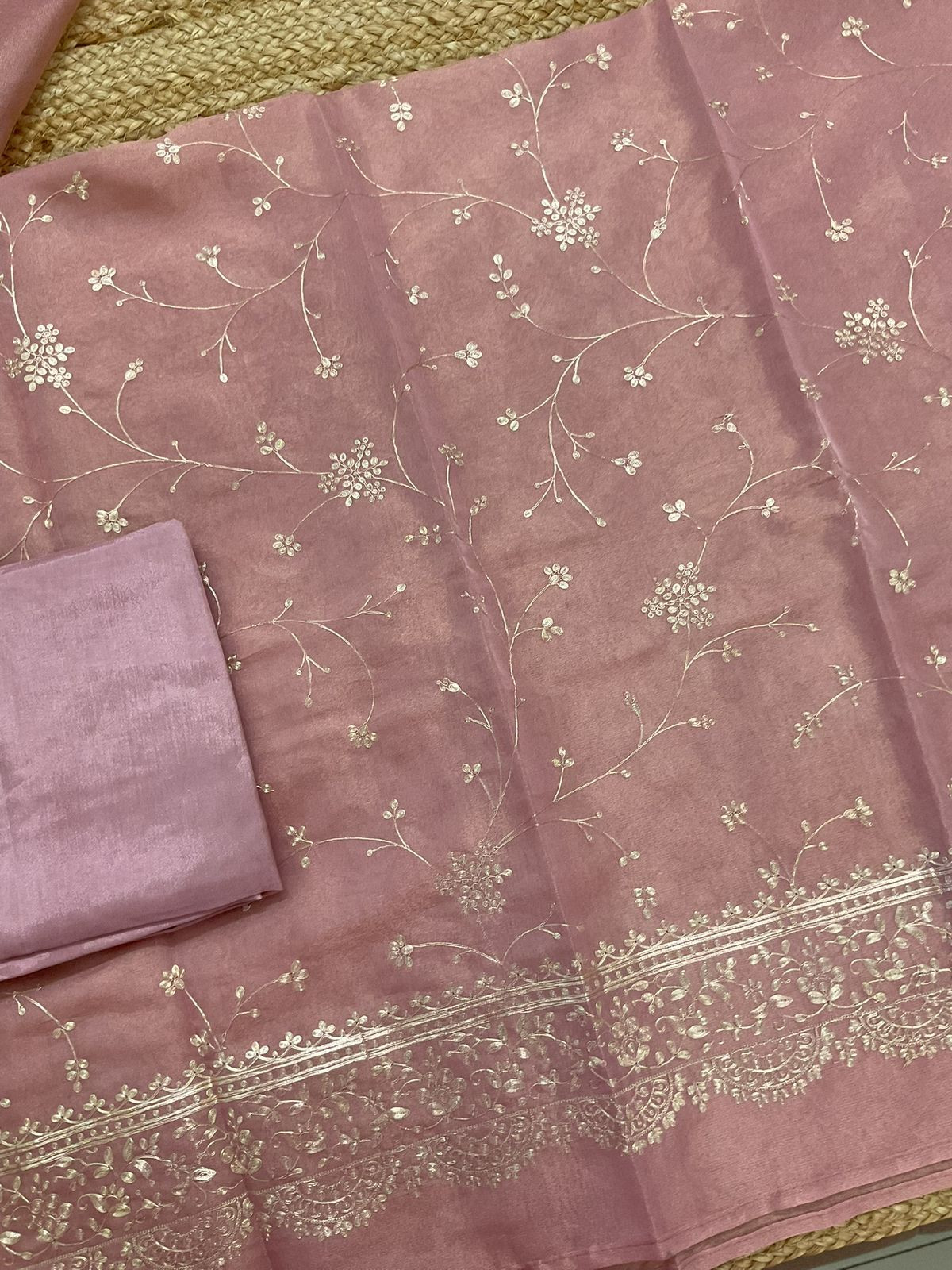 Soft Tissue Shimmer Silk Embroidered Suit - Onion Pink