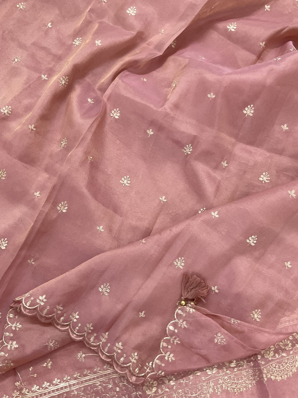 Soft Tissue Shimmer Silk Embroidered Suit - Onion Pink
