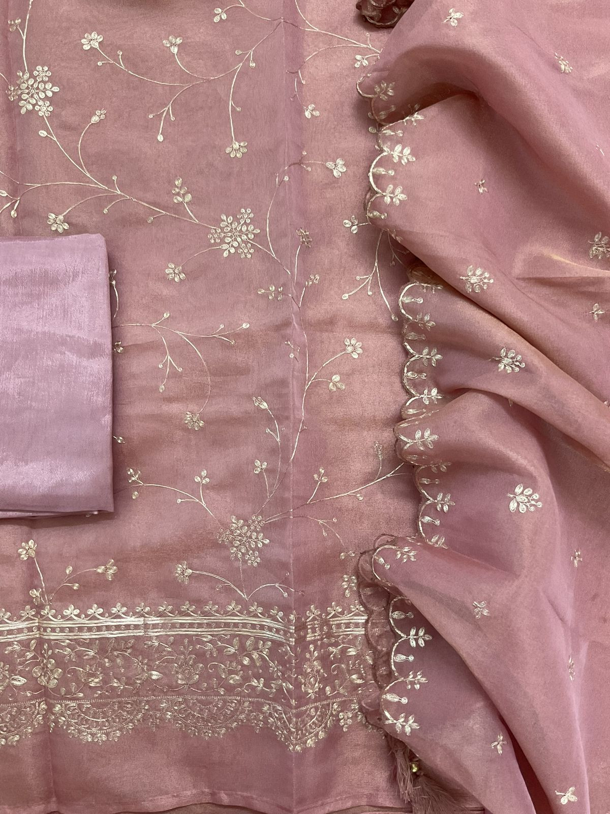 Soft Tissue Shimmer Silk Embroidered Suit - Onion Pink