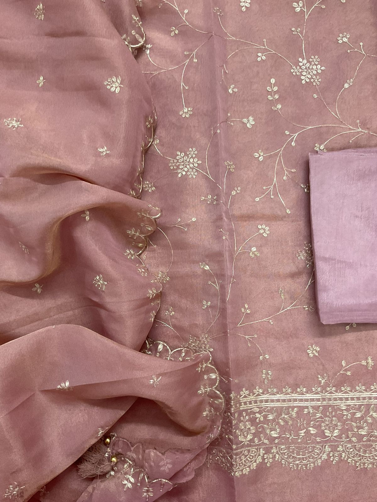 Soft Tissue Shimmer Silk Embroidered Suit - Onion Pink