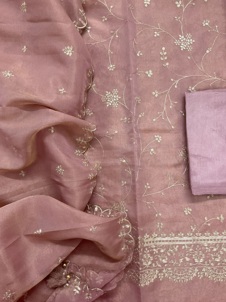 Image of Soft Tissue Shimmer Silk Embroidered Suit - Onion Pink