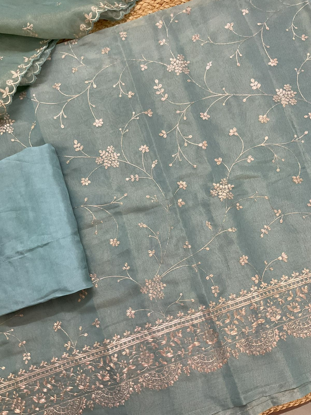 Soft Tissue Shimmer Silk Embroidered Suit - Blue