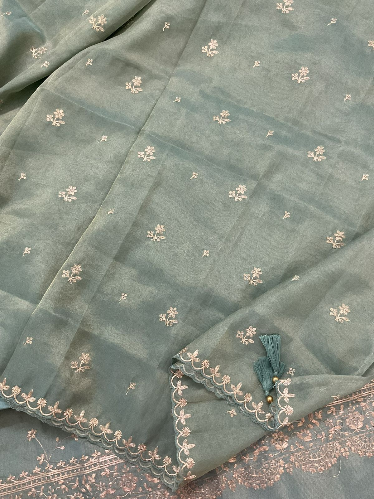 Soft Tissue Shimmer Silk Embroidered Suit - Blue