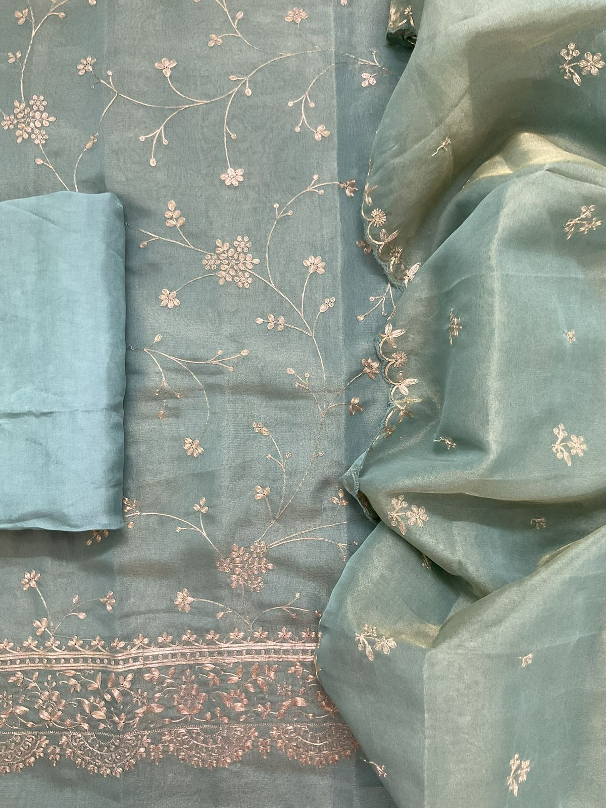 Soft Tissue Shimmer Silk Embroidered Suit - Blue