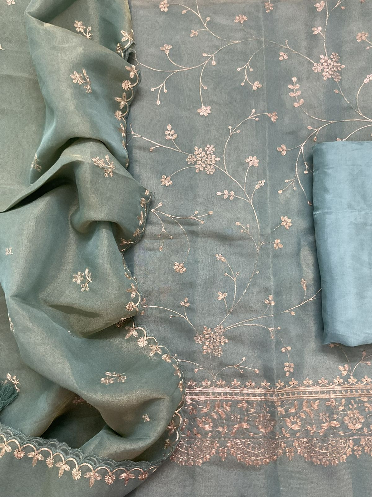 Soft Tissue Shimmer Silk Embroidered Suit - Blue