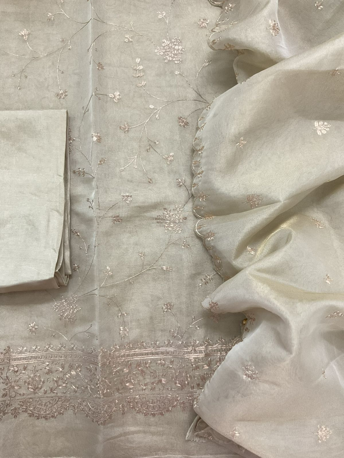 Soft Tissue Shimmer Silk Embroidered Suit - Beige