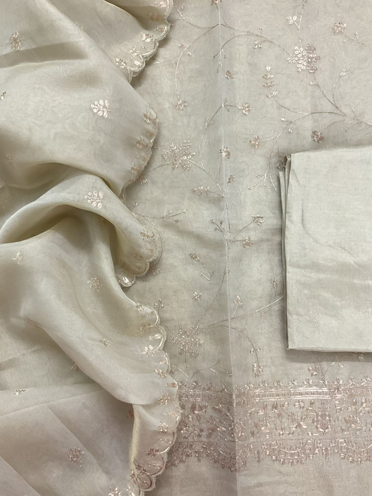 Soft Tissue Shimmer Silk Embroidered Suit - Beige