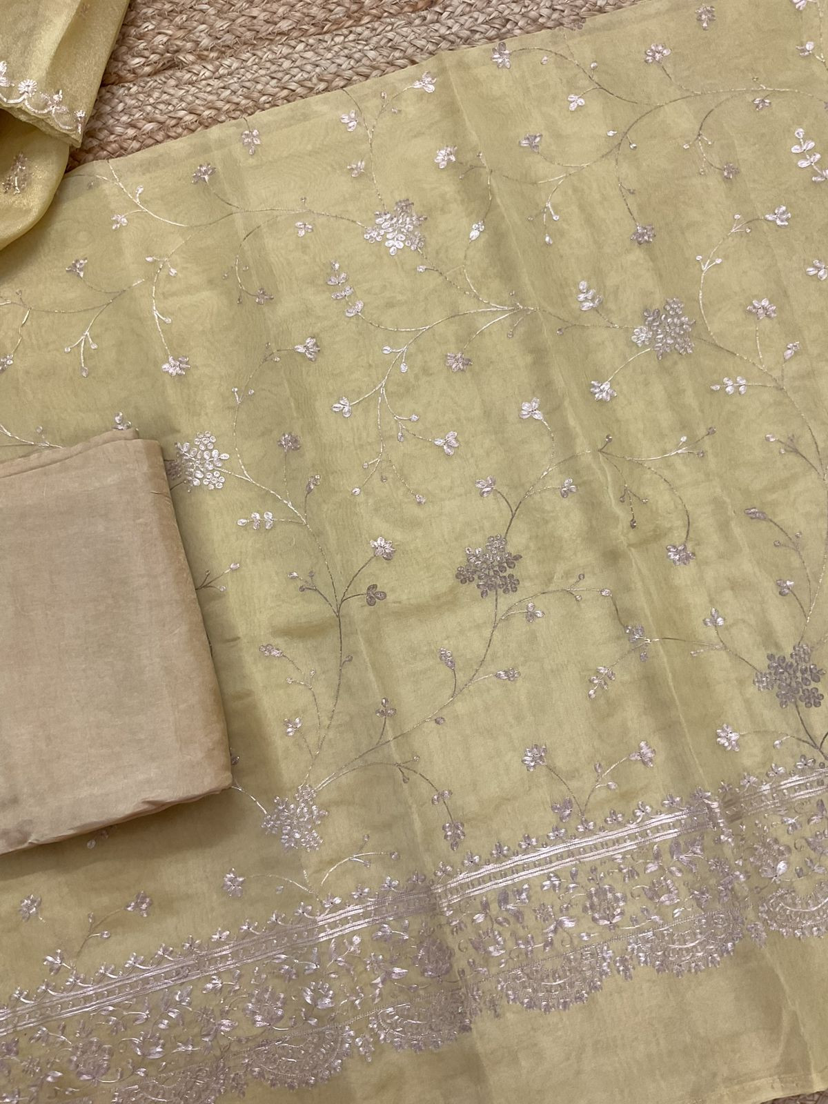 Soft Tissue Shimmer Silk Embroidered Suit - Yellow