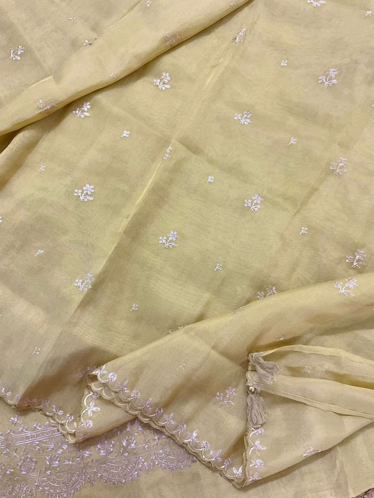 Soft Tissue Shimmer Silk Embroidered Suit - Yellow