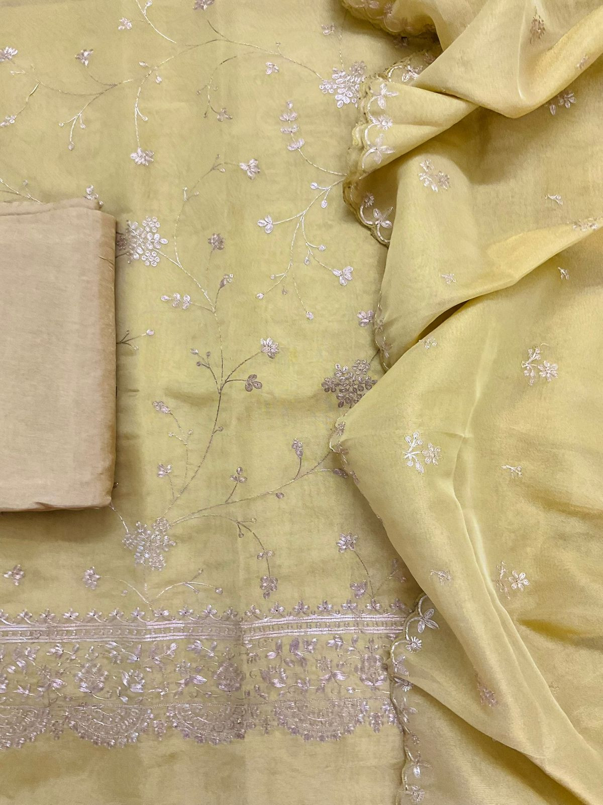 Soft Tissue Shimmer Silk Embroidered Suit - Yellow