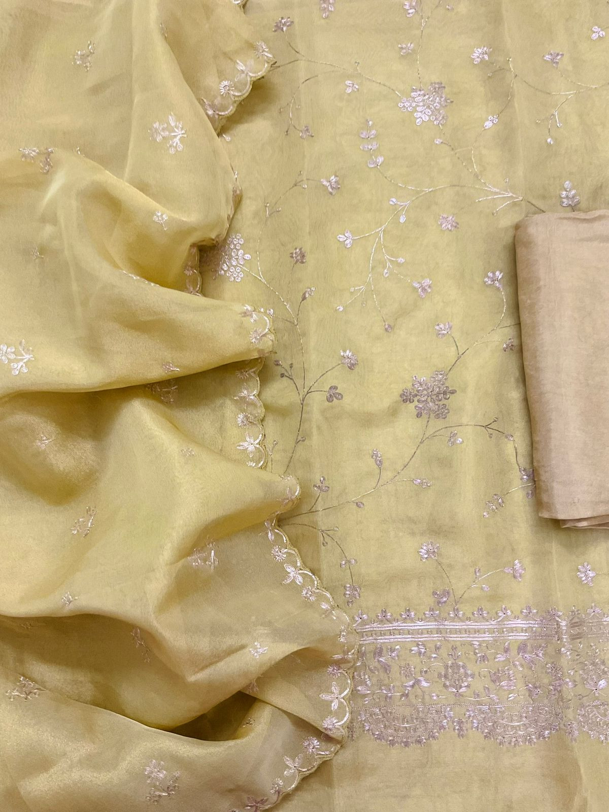 Soft Tissue Shimmer Silk Embroidered Suit - Yellow