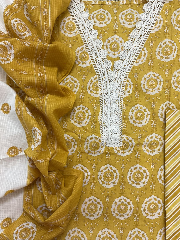 Image of Pure Cotton Printed Embroidered Suit - Yellow