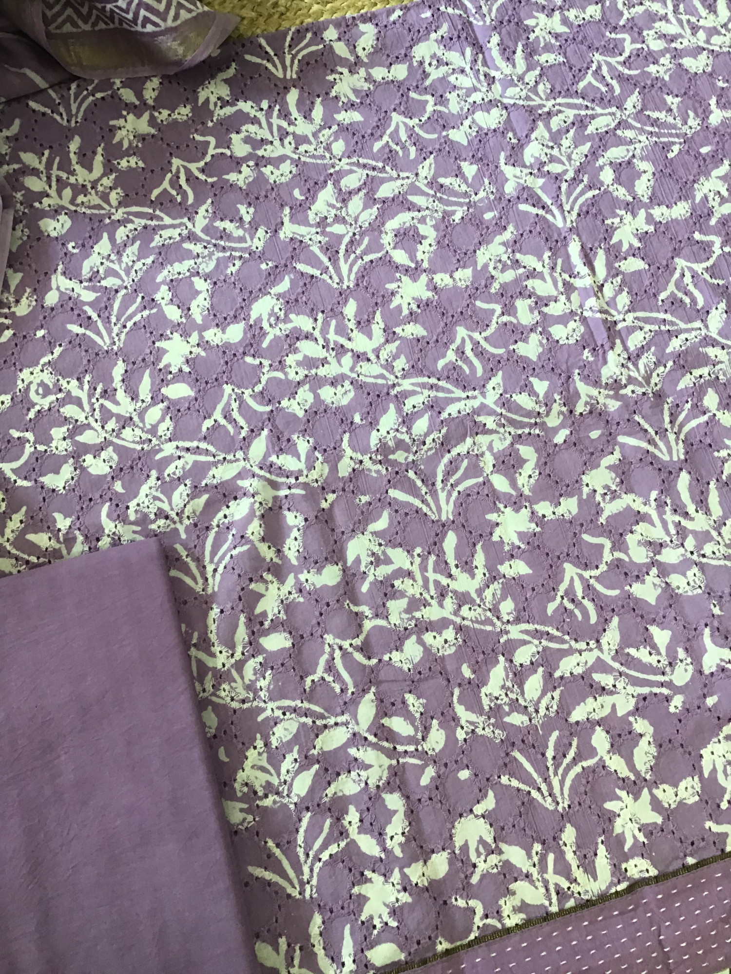 Pure Hakoba Cotton Printed Embroidered Suit - Lavender