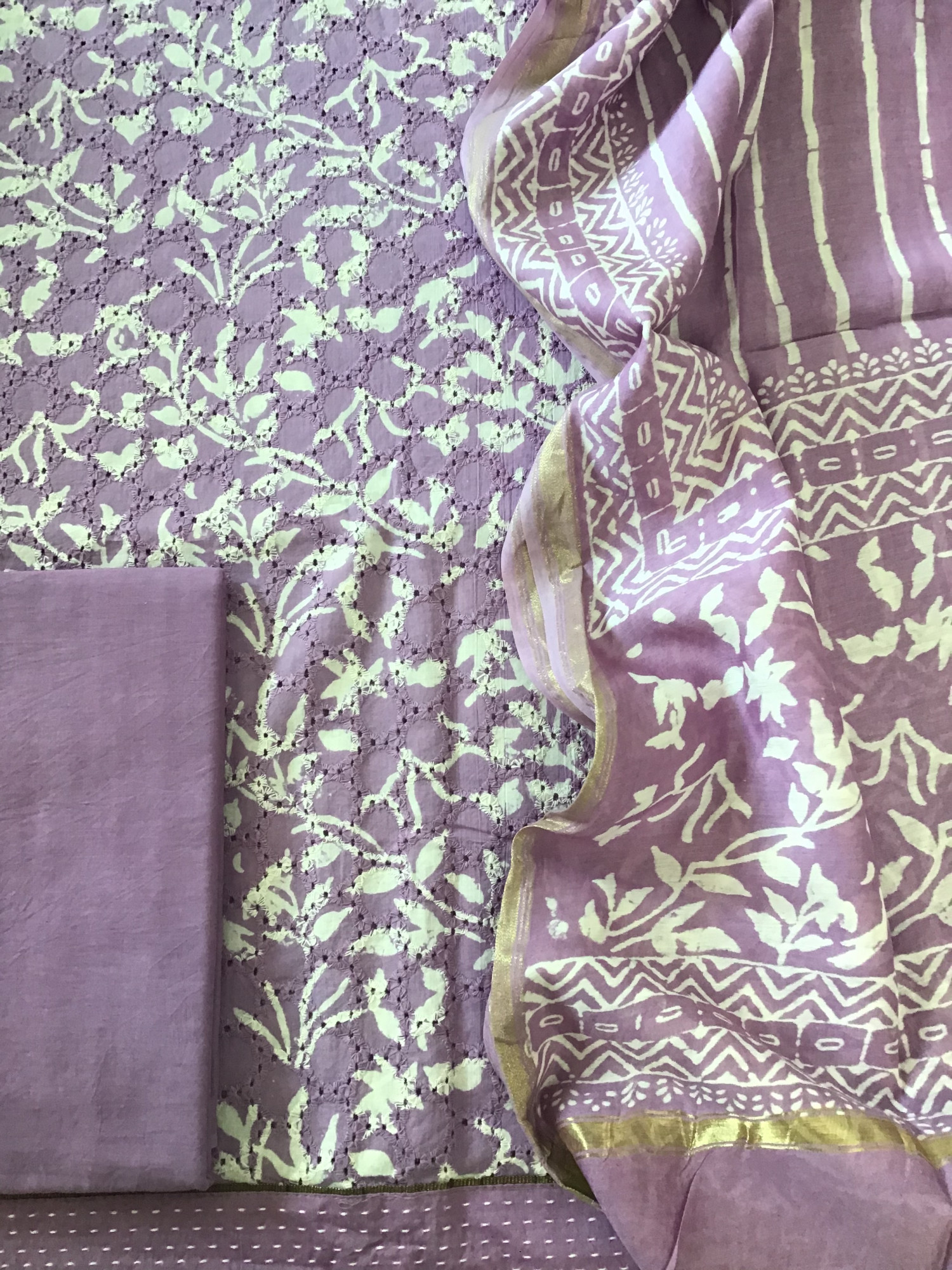 Pure Hakoba Cotton Printed Embroidered Suit - Lavender