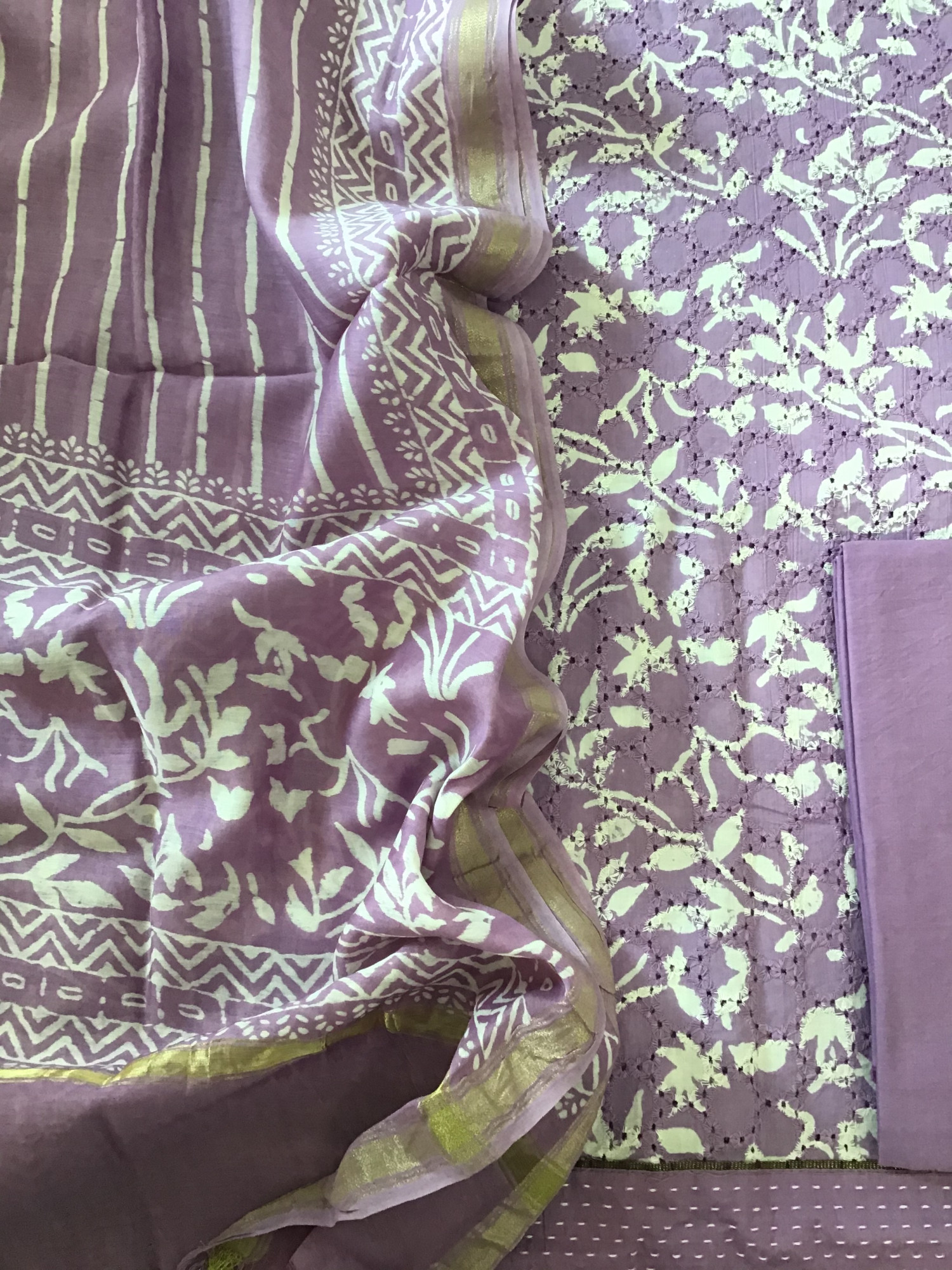 Pure Hakoba Cotton Printed Embroidered Suit - Lavender