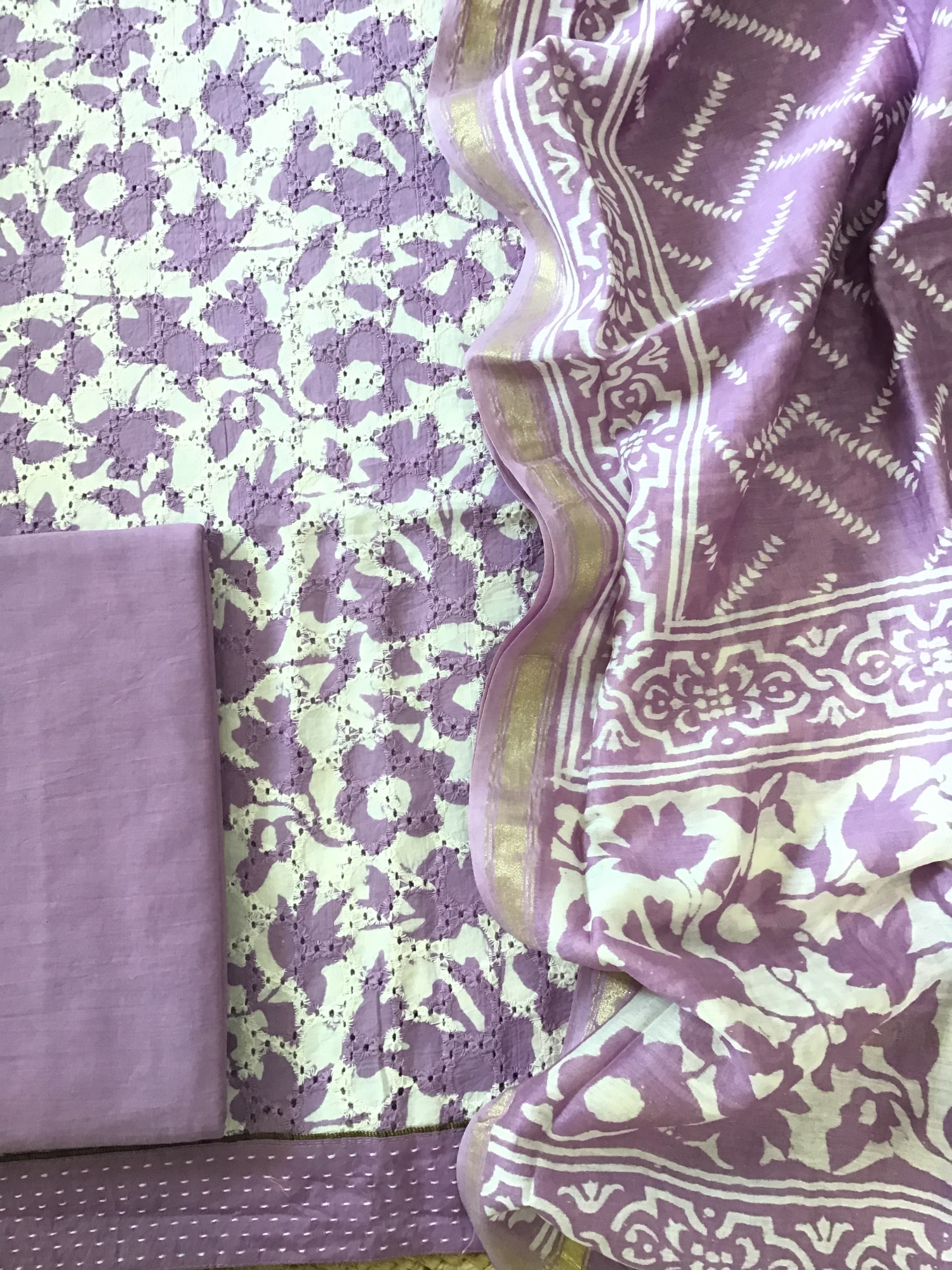 Pure Hakoba Cotton Printed Embroidered Suit - Lavender