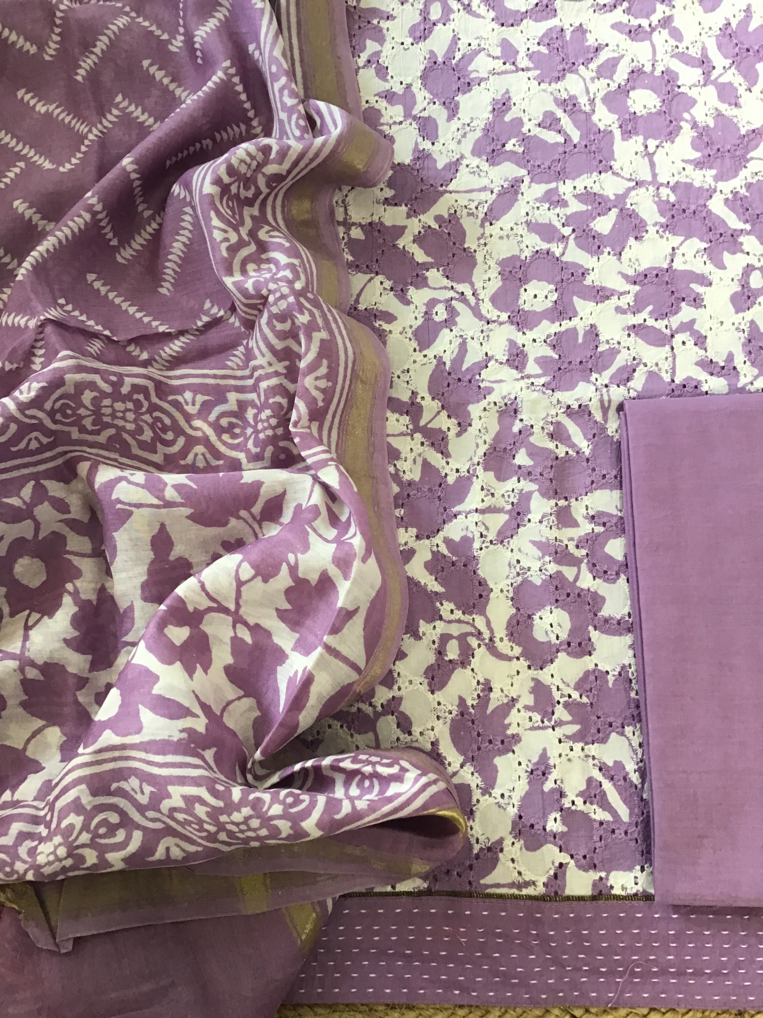 Pure Hakoba Cotton Printed Embroidered Suit - Lavender