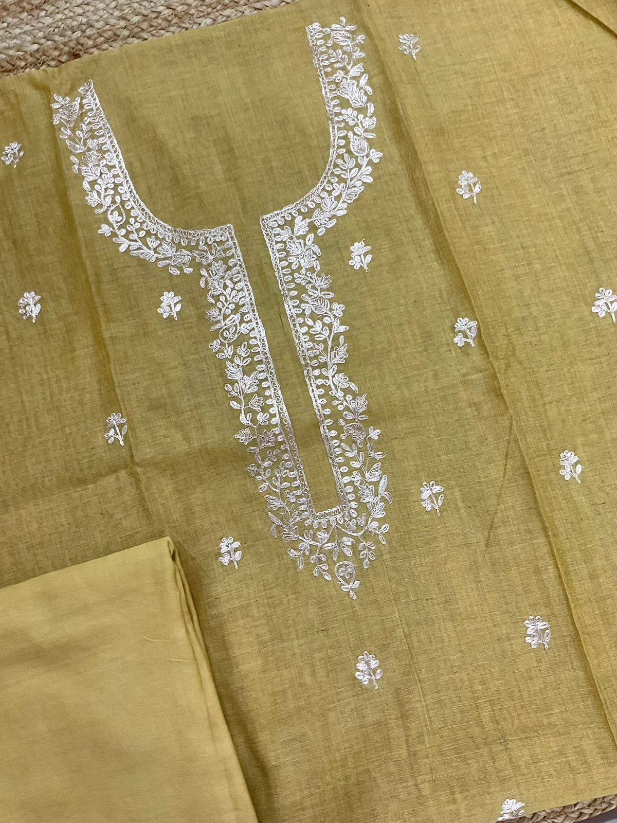 Soft Slub Chanderi Jamdani Weaved Embroidered Suit - Yellow