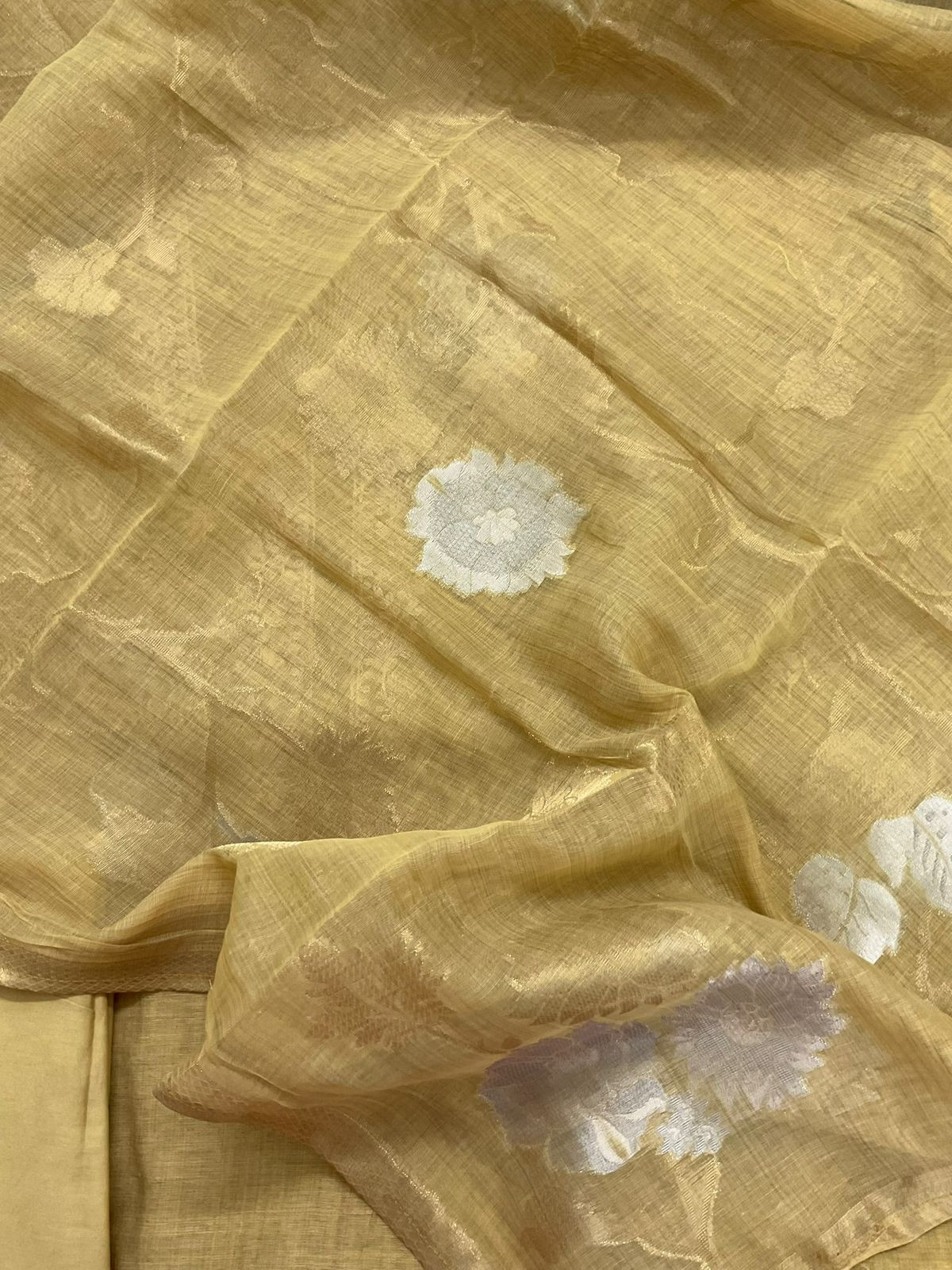 Soft Slub Chanderi Jamdani Weaved Embroidered Suit - Yellow