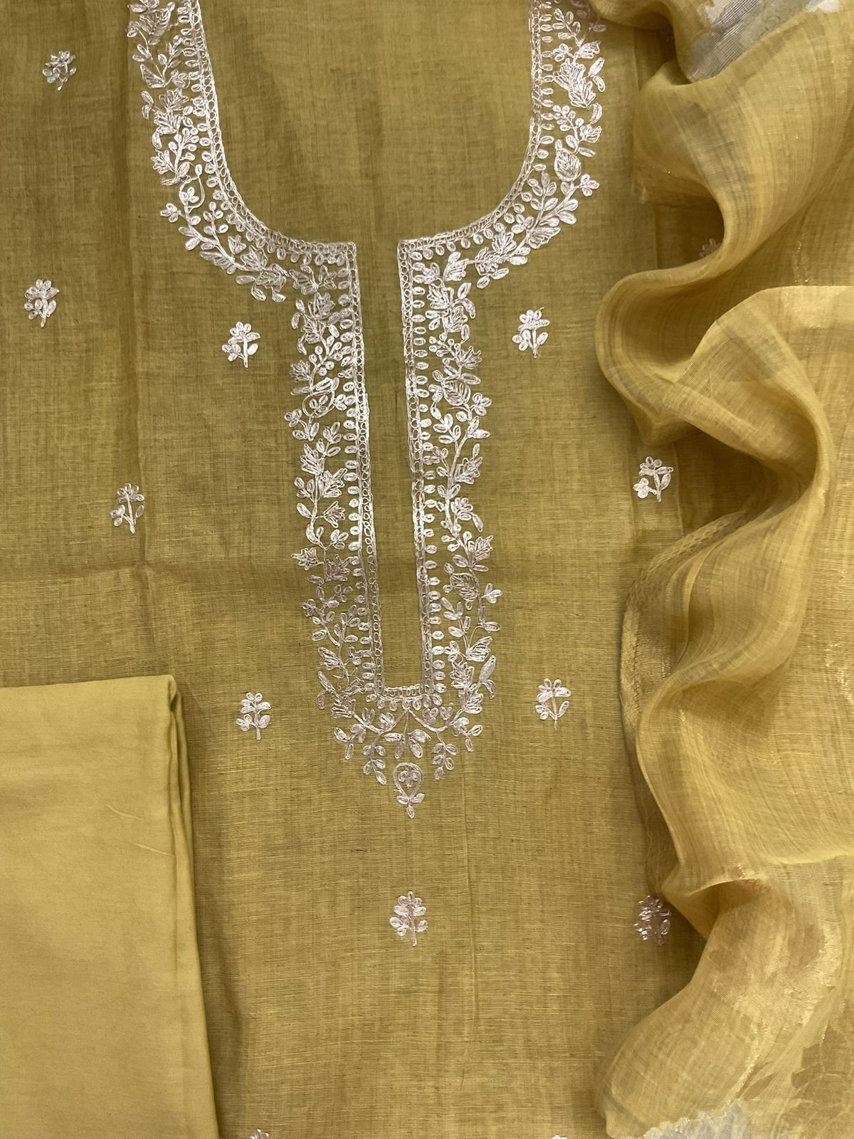Soft Slub Chanderi Jamdani Weaved Embroidered Suit - Yellow