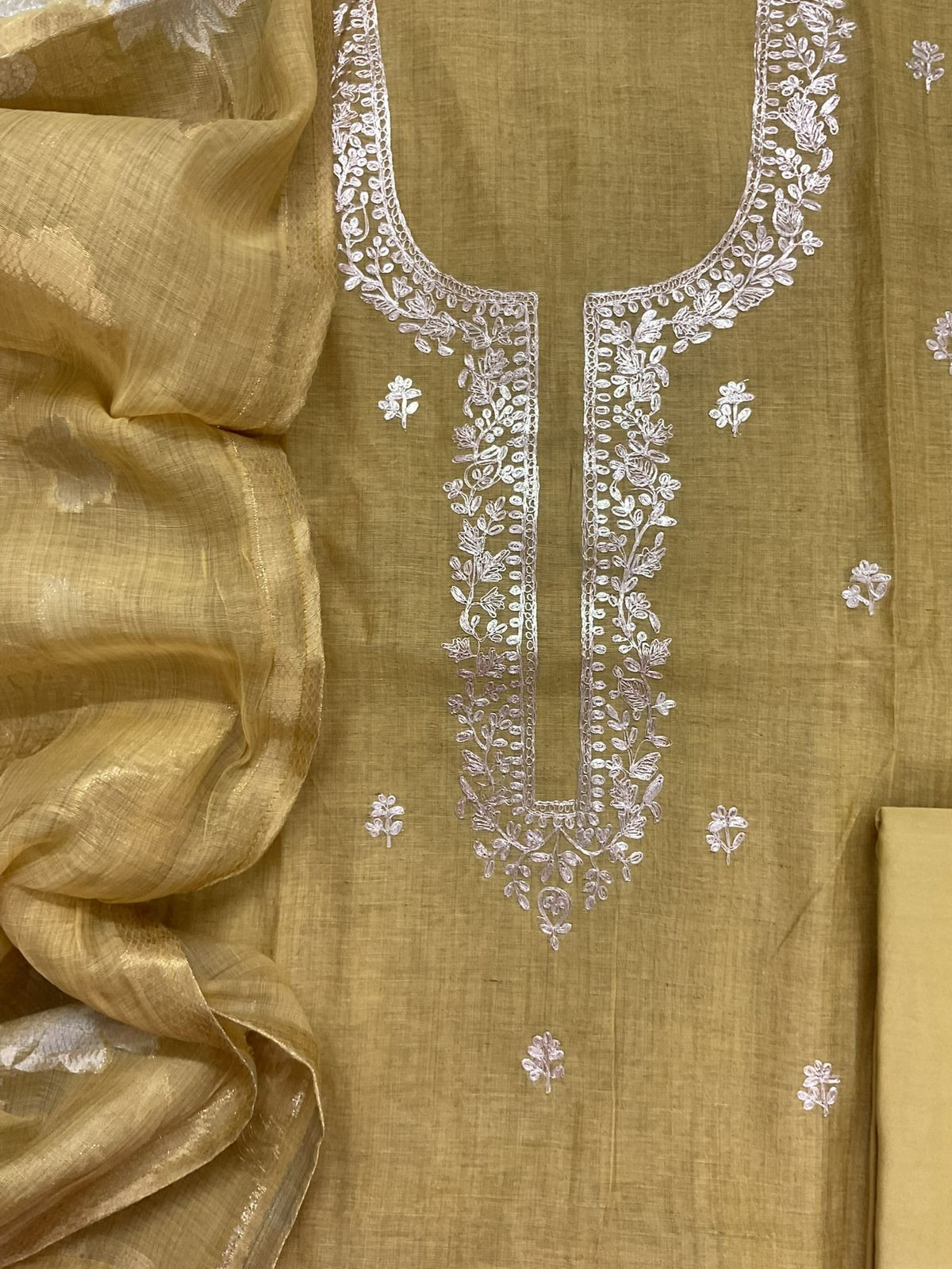 Soft Slub Chanderi Jamdani Weaved Embroidered Suit - Yellow