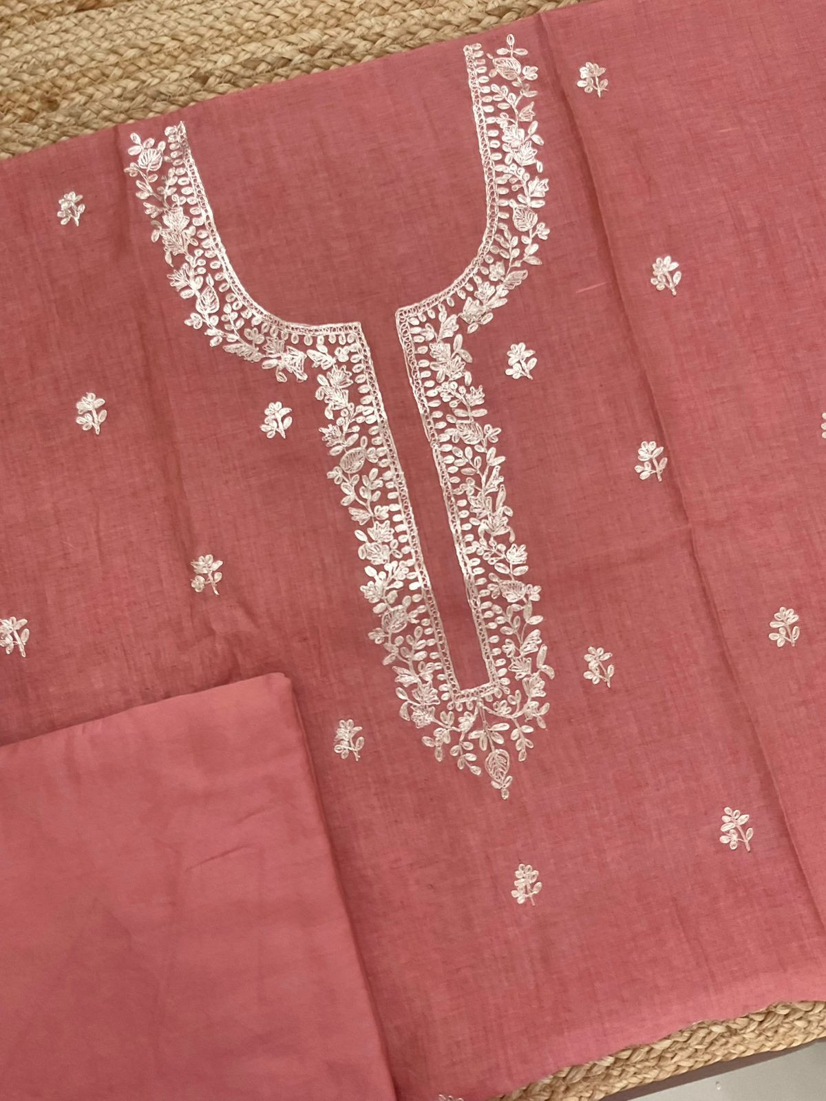 Soft Slub Chanderi Jamdani Weaved Embroidered Suit - Peach