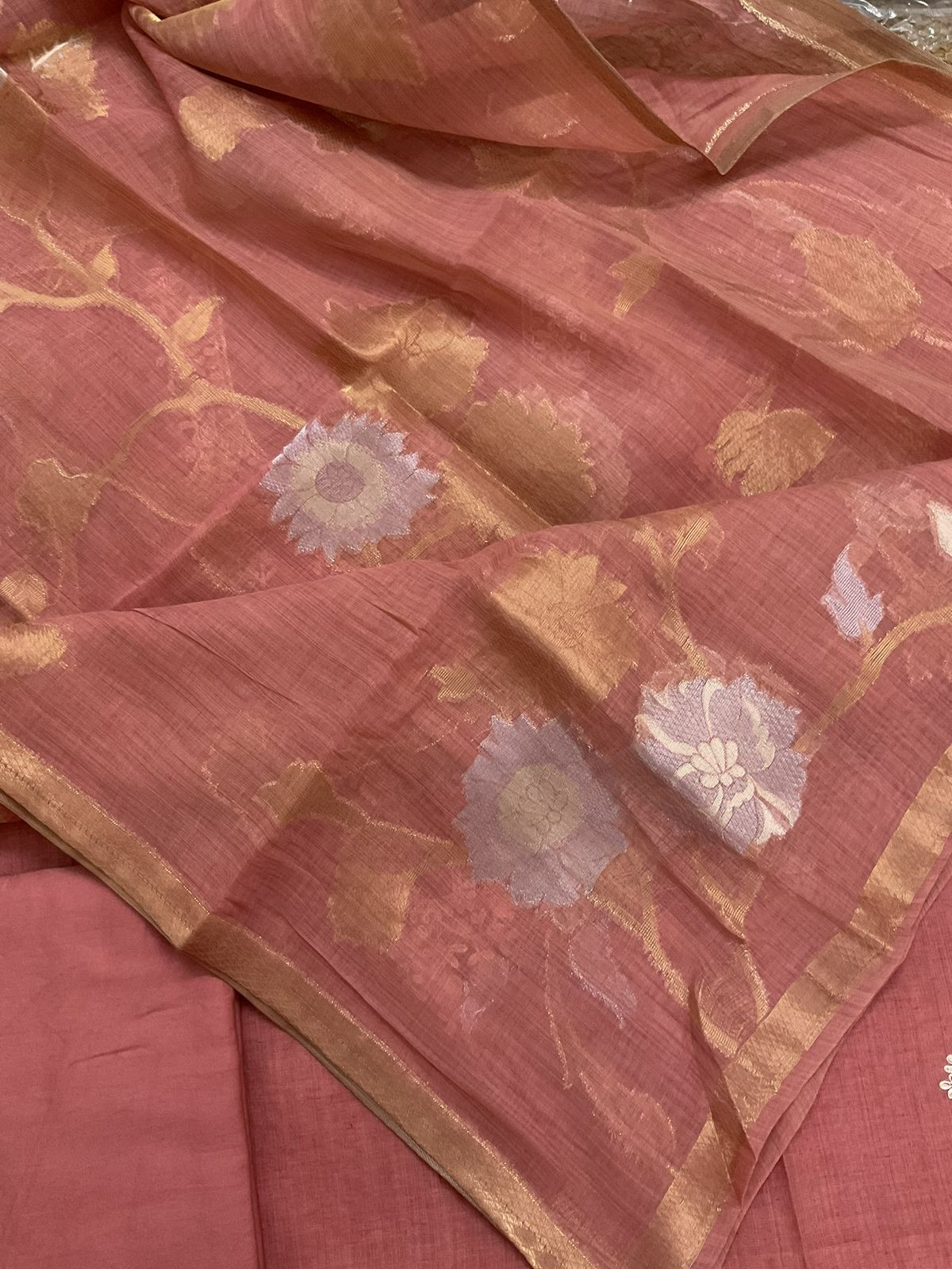 Soft Slub Chanderi Jamdani Weaved Embroidered Suit - Peach