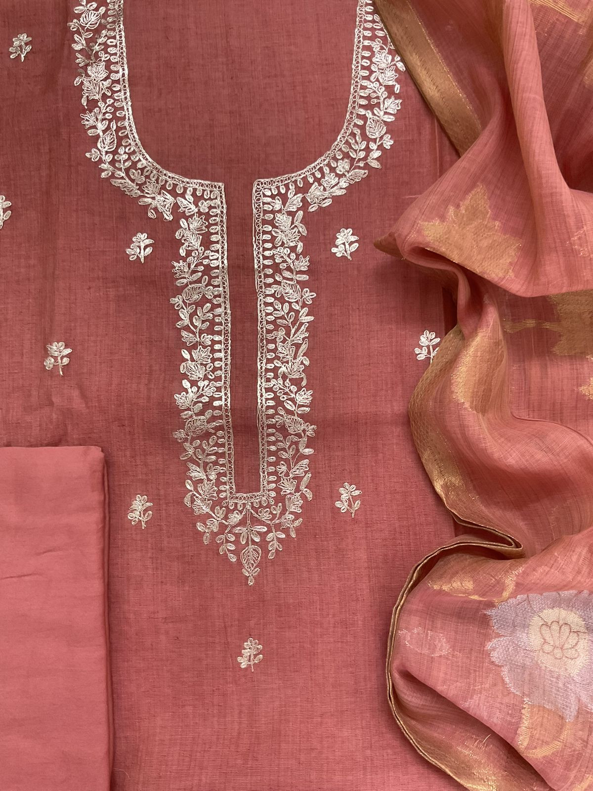 Soft Slub Chanderi Jamdani Weaved Embroidered Suit - Peach