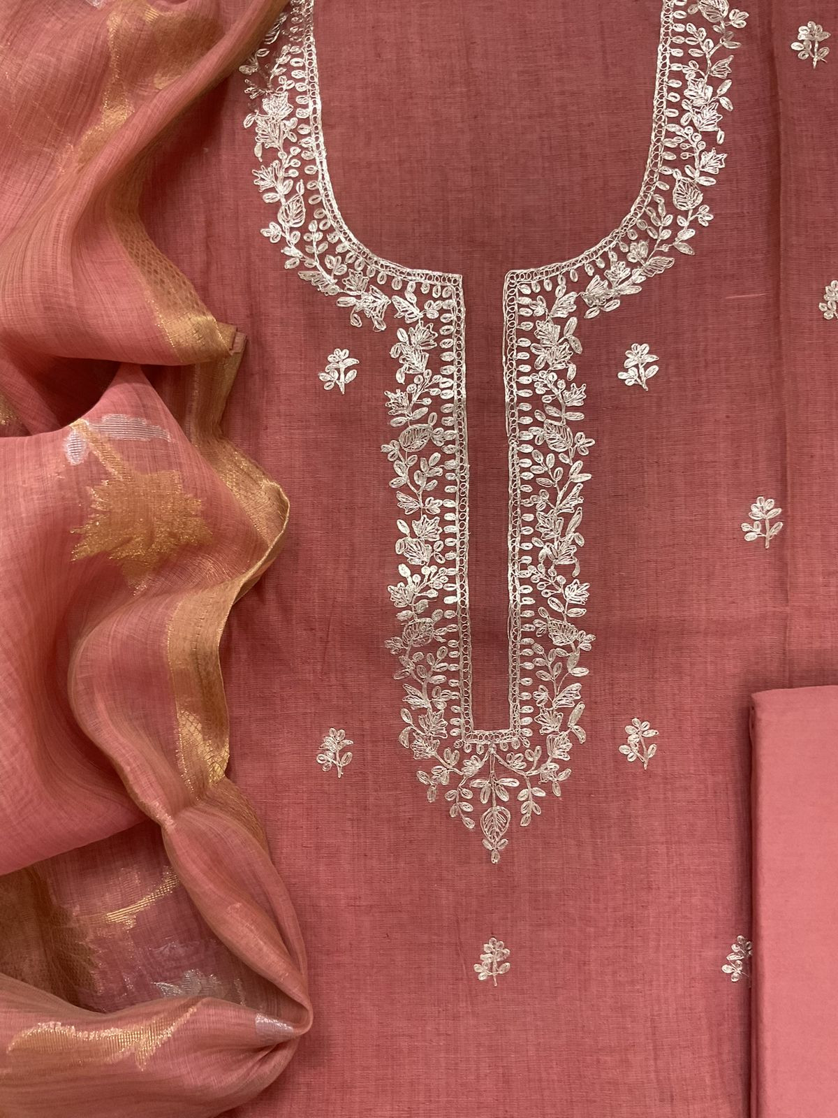 Soft Slub Chanderi Jamdani Weaved Embroidered Suit - Peach