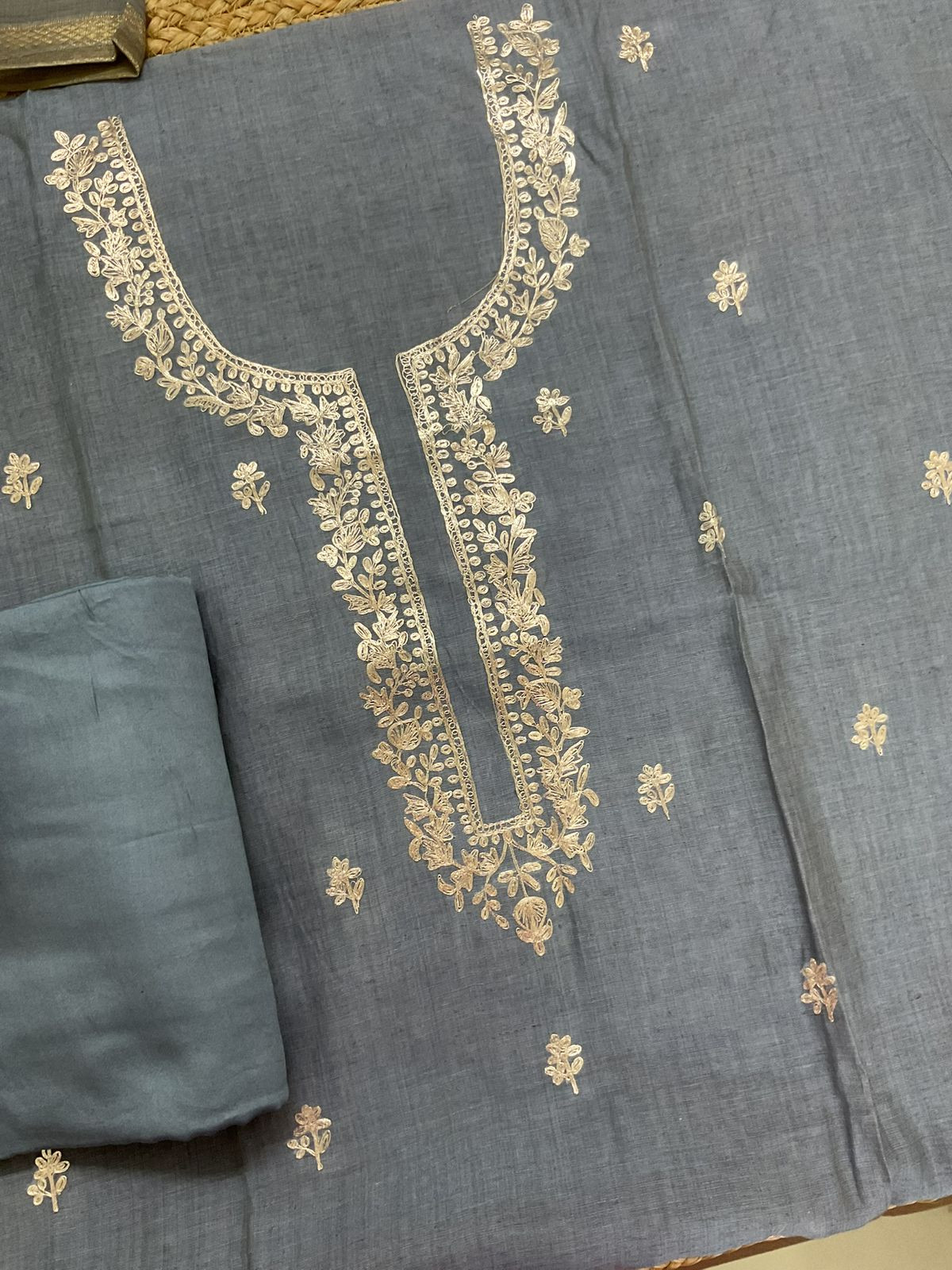 Soft Slub Chanderi Jamdani Weaved Embroidered Suit - Bluish Grey