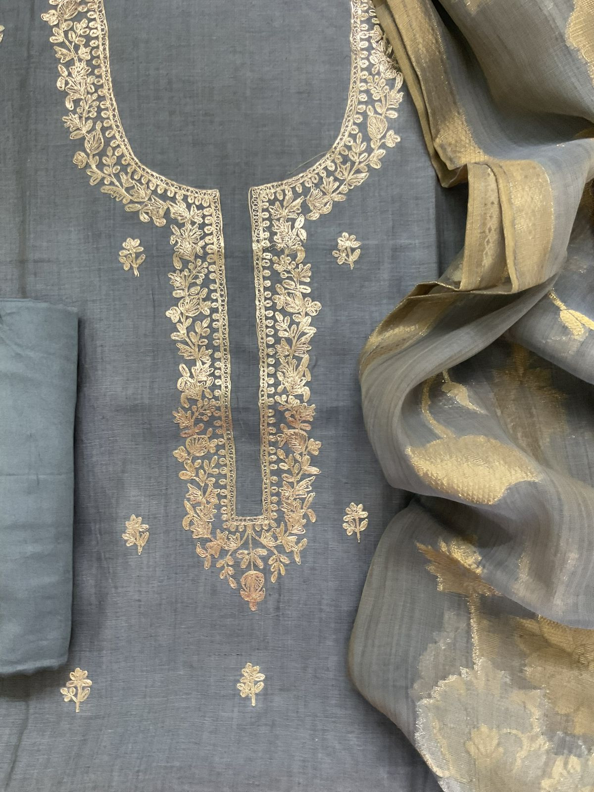Soft Slub Chanderi Jamdani Weaved Embroidered Suit - Bluish Grey