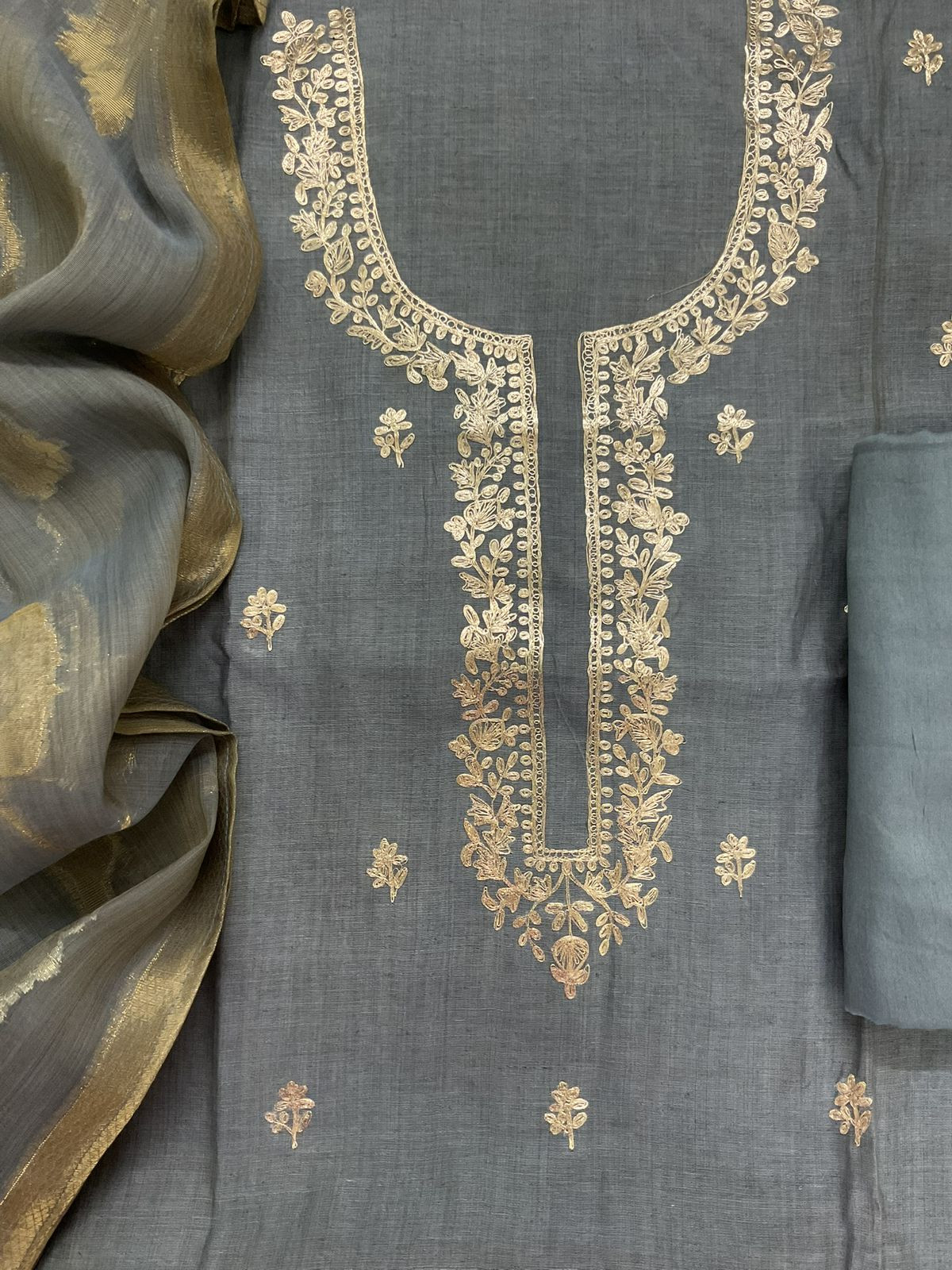 Soft Slub Chanderi Jamdani Weaved Embroidered Suit - Bluish Grey