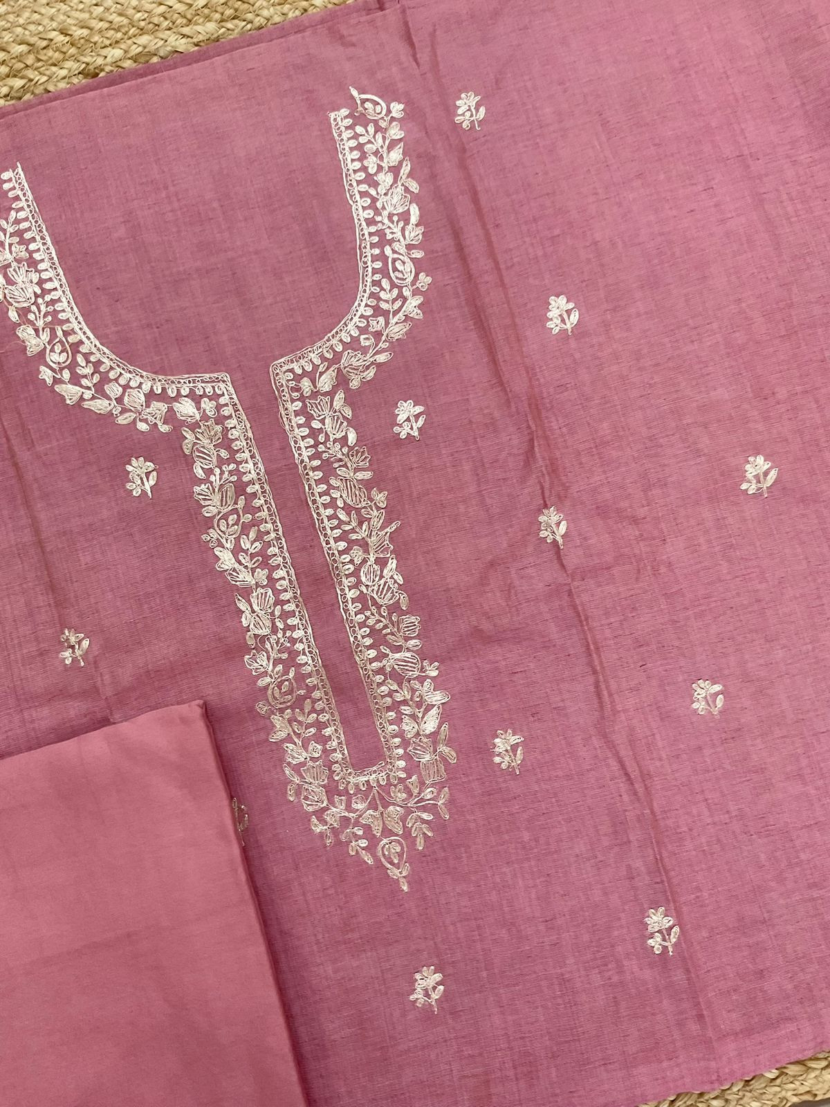 Soft Slub Chanderi Jamdani Weaved Embroidered Suit - Pink