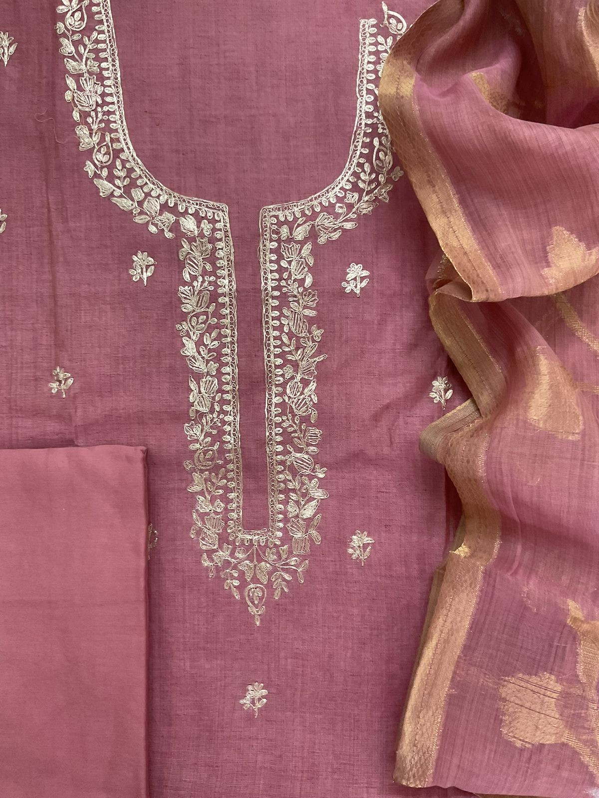 Soft Slub Chanderi Jamdani Weaved Embroidered Suit - Pink