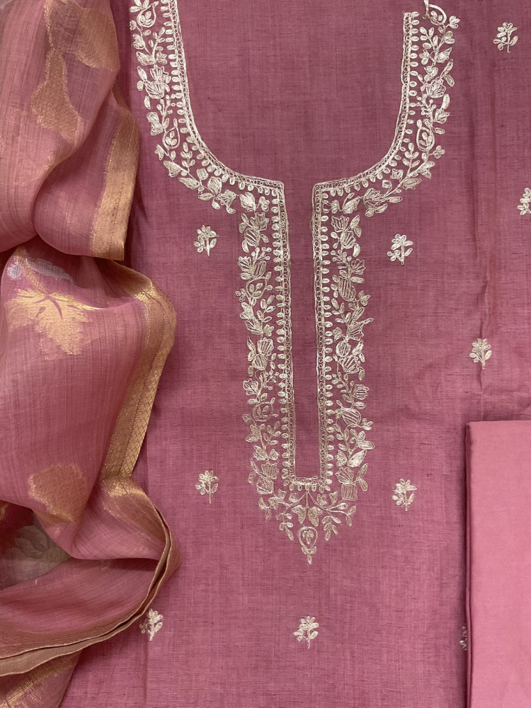 Image of Soft Slub Chanderi Jamdani Weaved Embroidered Suit - Pink