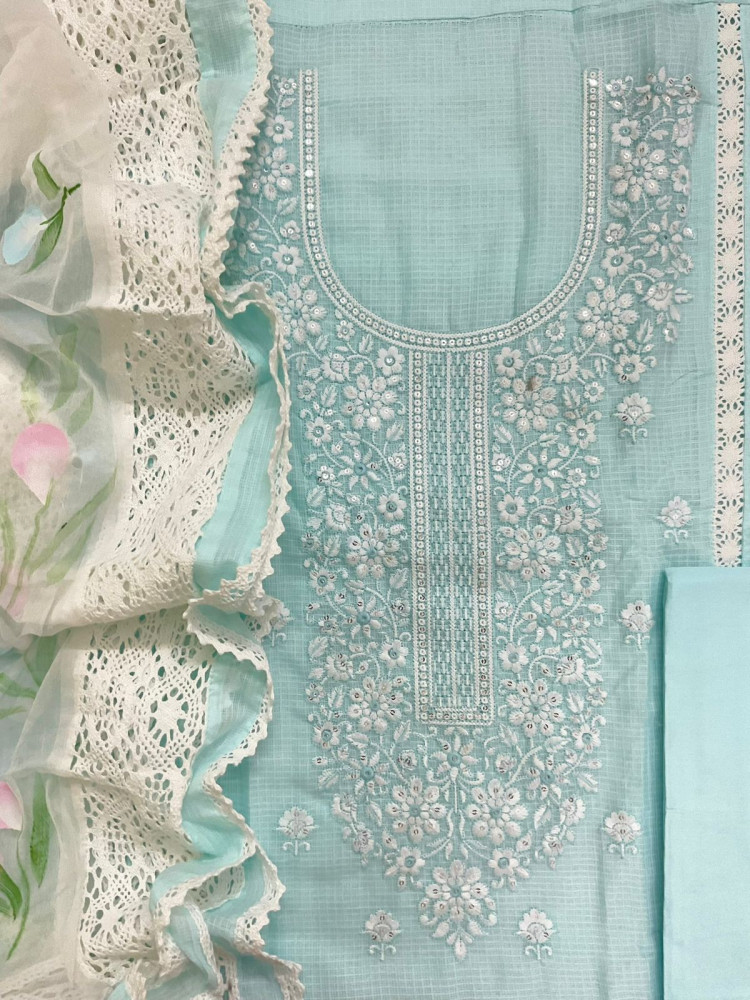 Image of Pure Kota Cotton Printed Embroidered Suit - Sea Blue