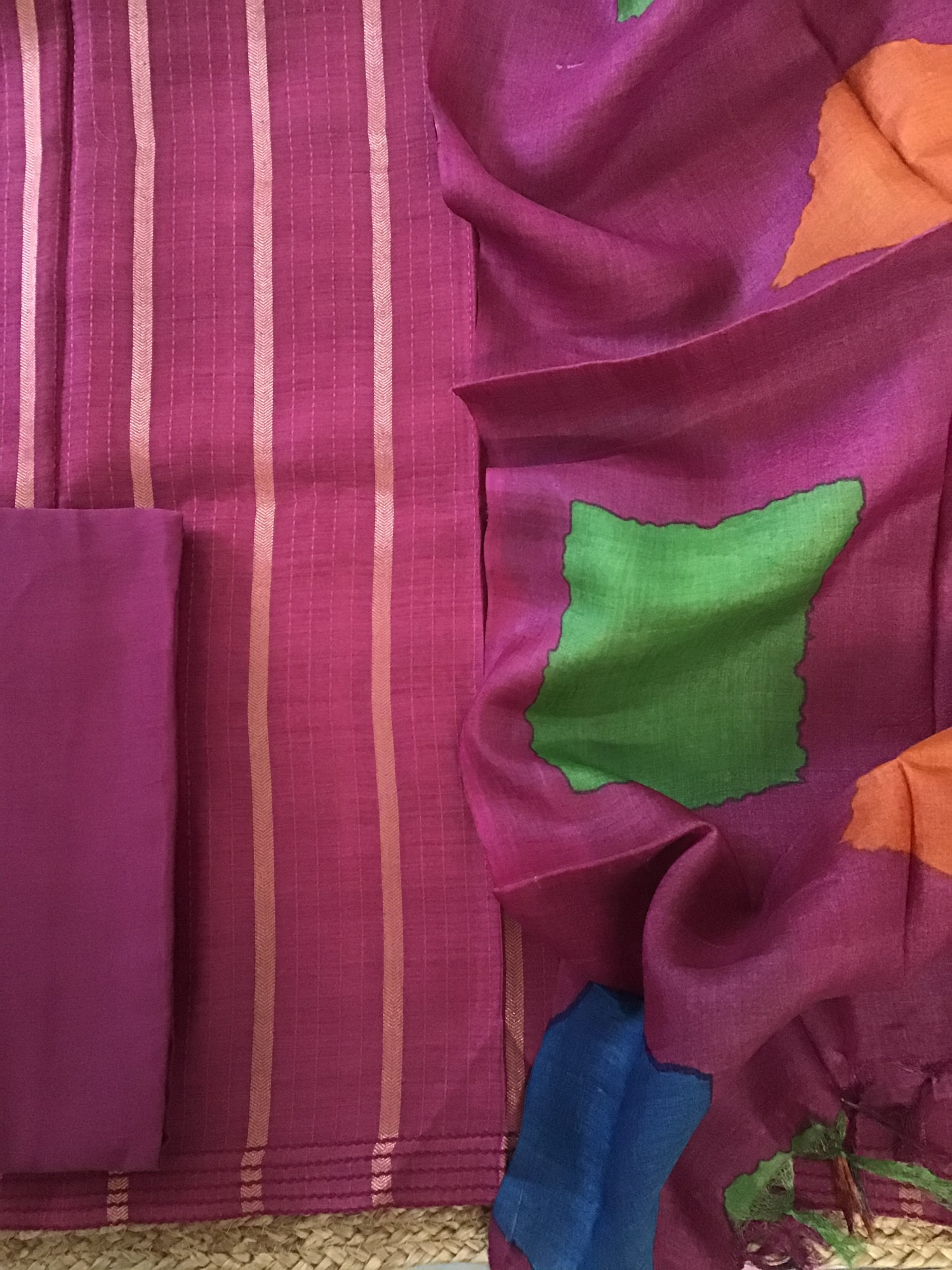 Soft Fine Tussar Printed Banarasi Weaved Suit - Magenta