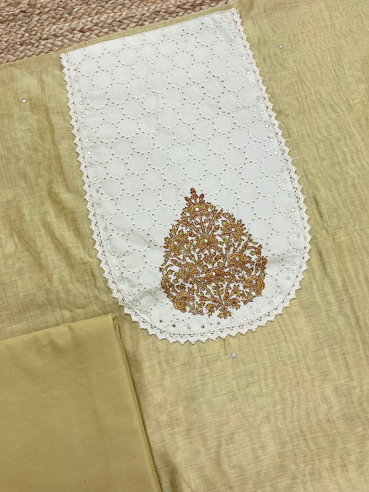 Soft Slub Chanderi Jamdani Weaved Embroidered Suit - Yellow