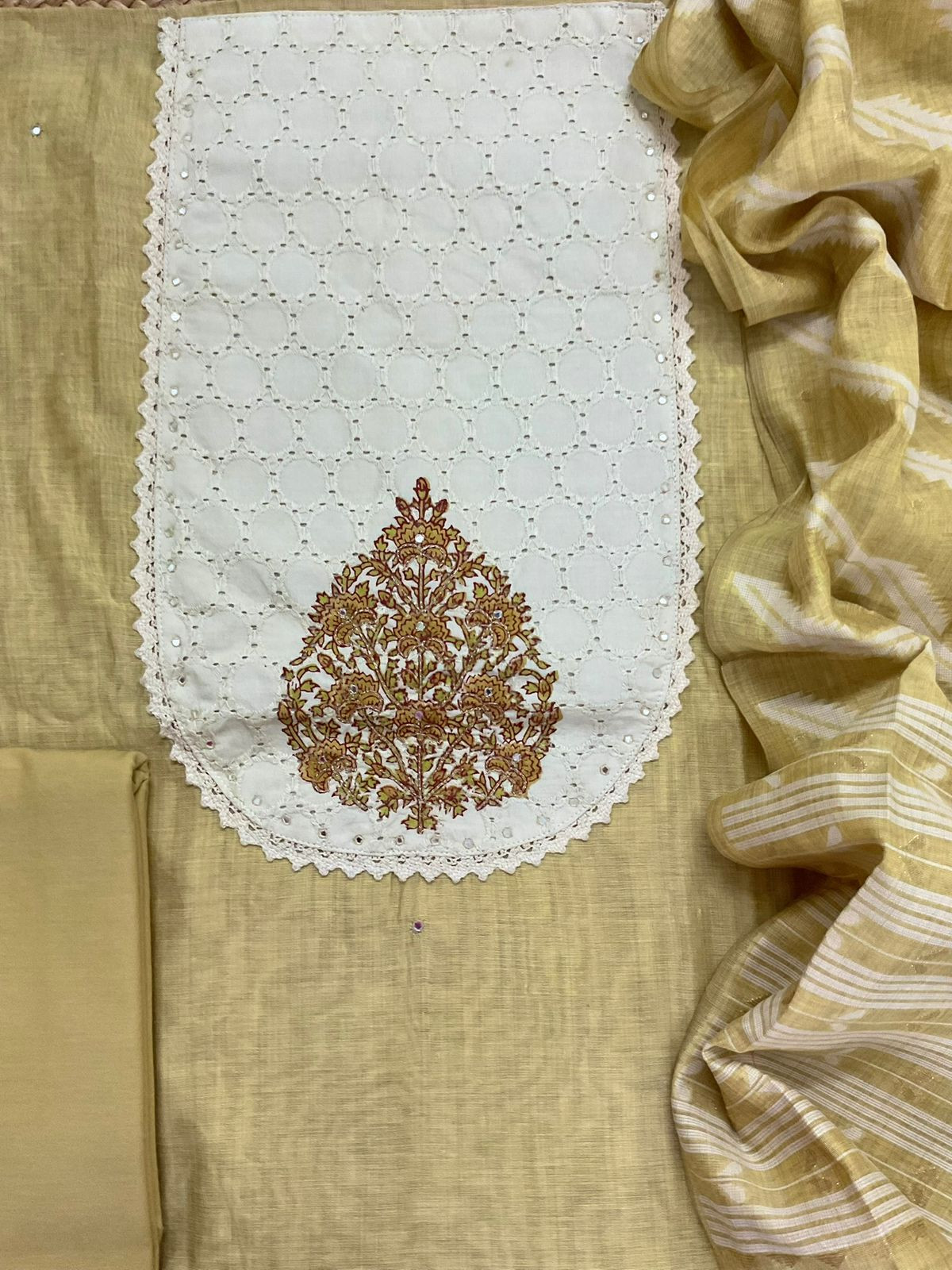 Soft Slub Chanderi Jamdani Weaved Embroidered Suit - Yellow