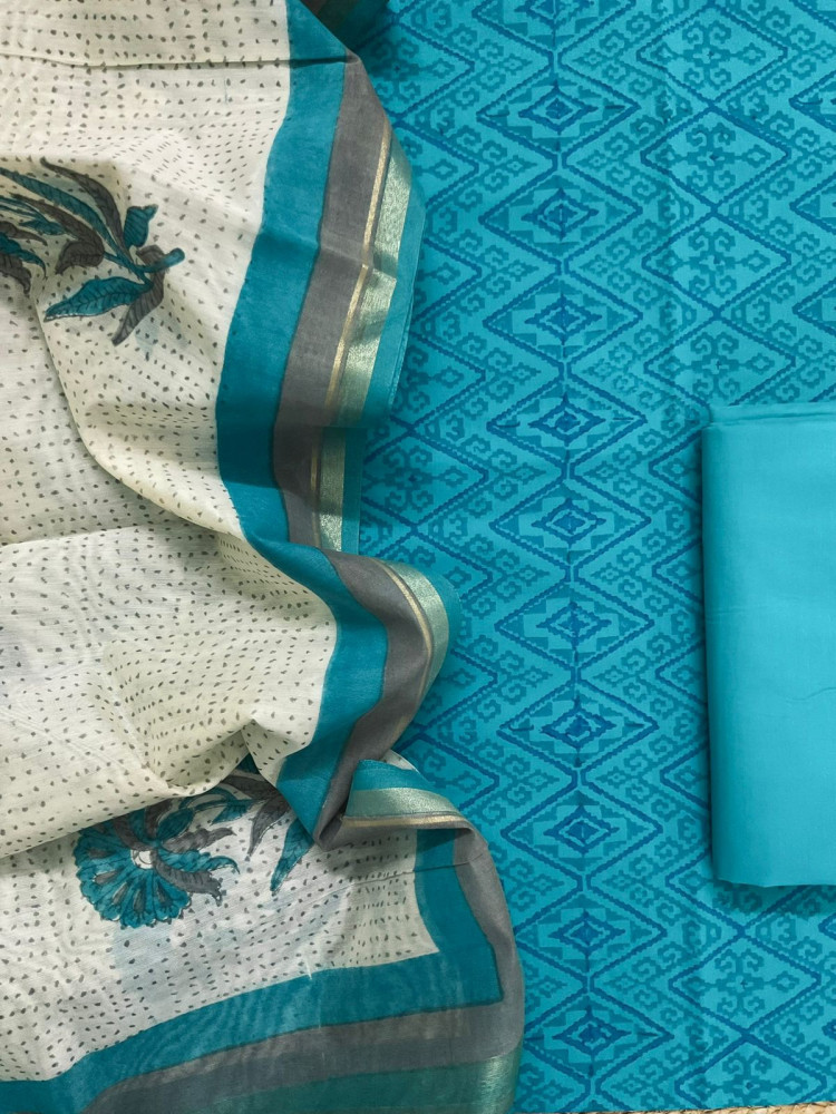 Image of Pure Cotton Printed Suit - Blue