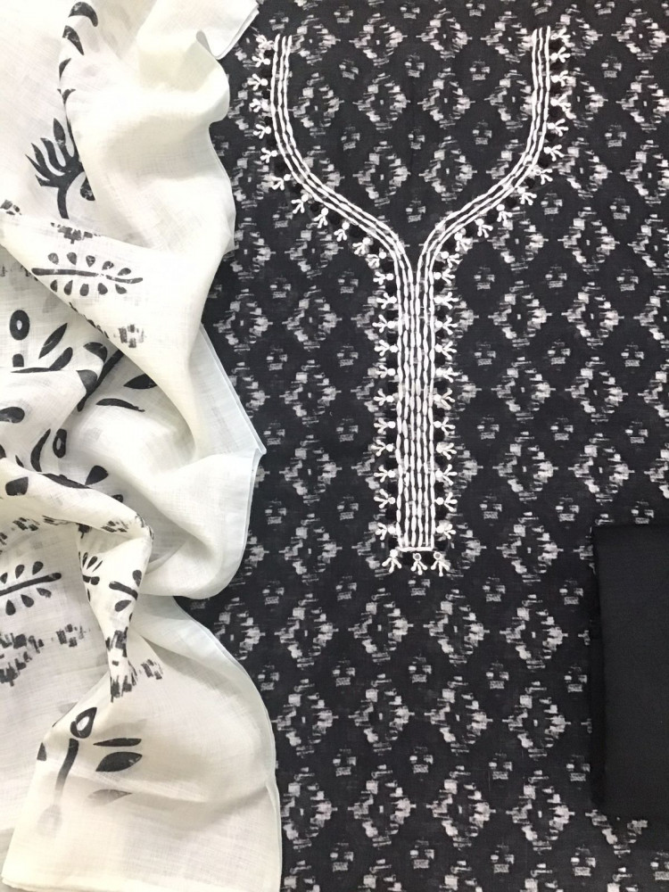 Image of Soft Semi Linen Jute Cotton Printed Embroidered Suit - Black