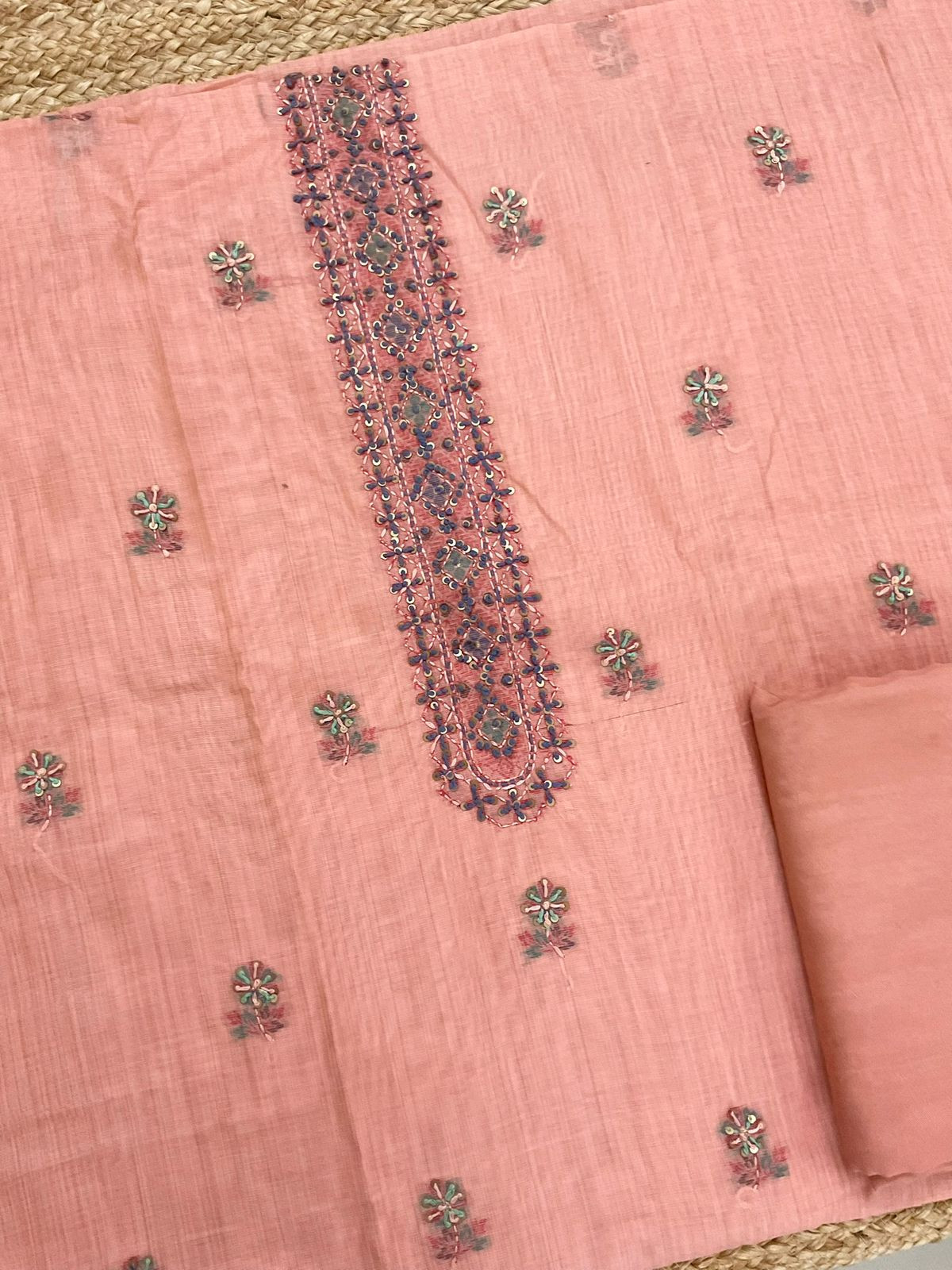 Soft Kora Chanderi Jamdani Weaved Embroidered Suit - Peach