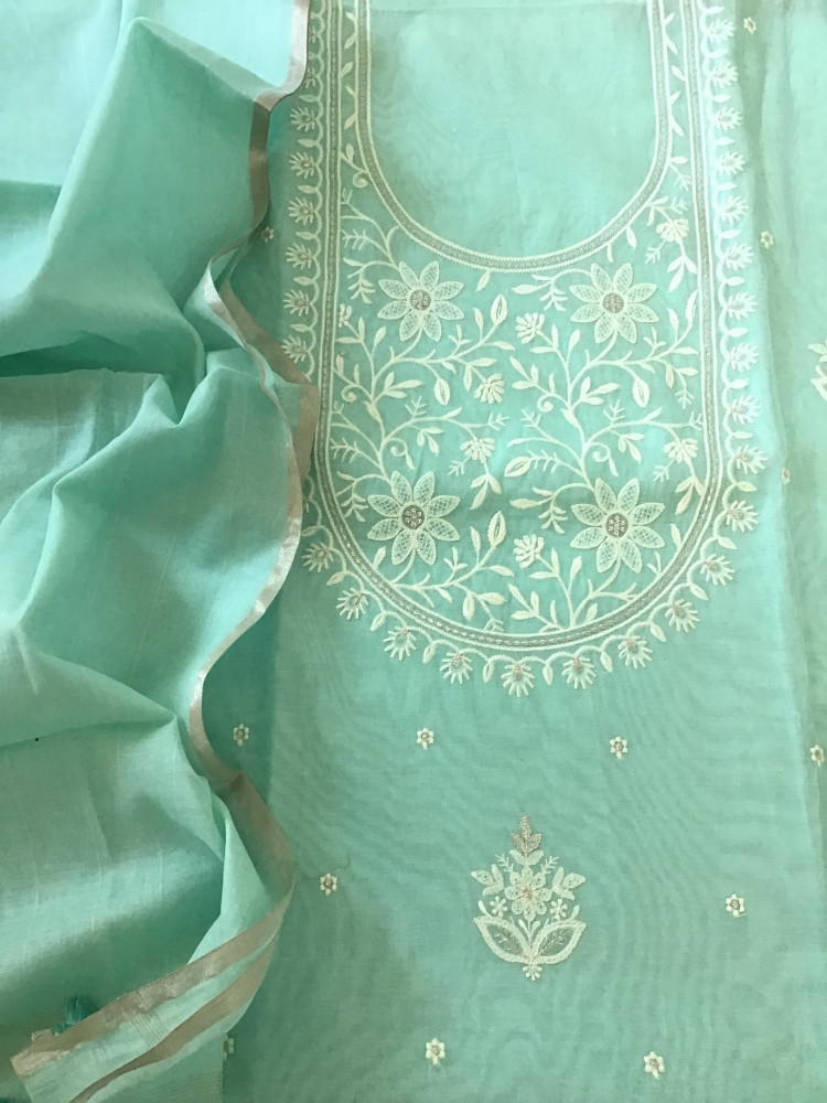 Image of Soft Chanderi Embroidered Suit - SeaGreen