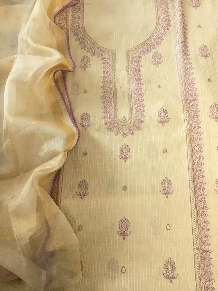 Image of Soft Chanderi Embroidered Suit - Beige/Pink